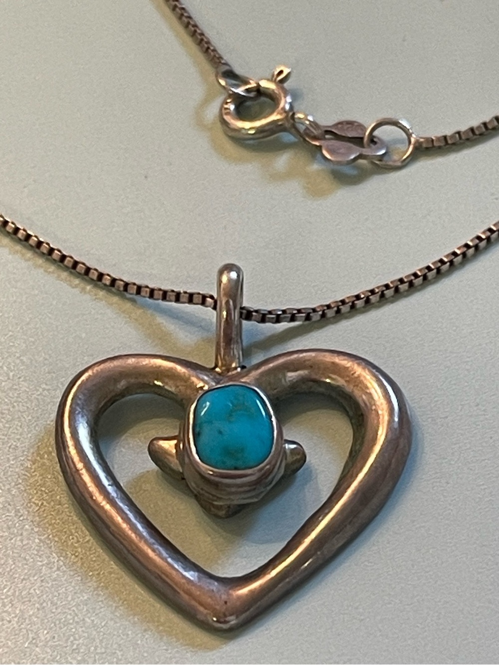 Leonard Dixon Navajo Cast Sterling Silver Heart Pendant Necklace with Turquoise